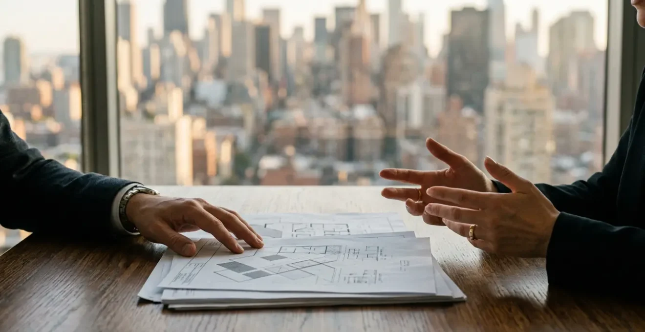 Négociation d'achat immobilier en zone urbaine dense avec compromis gagnant-gagnant