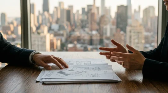 Négociation d'achat immobilier en zone urbaine dense avec compromis gagnant-gagnant