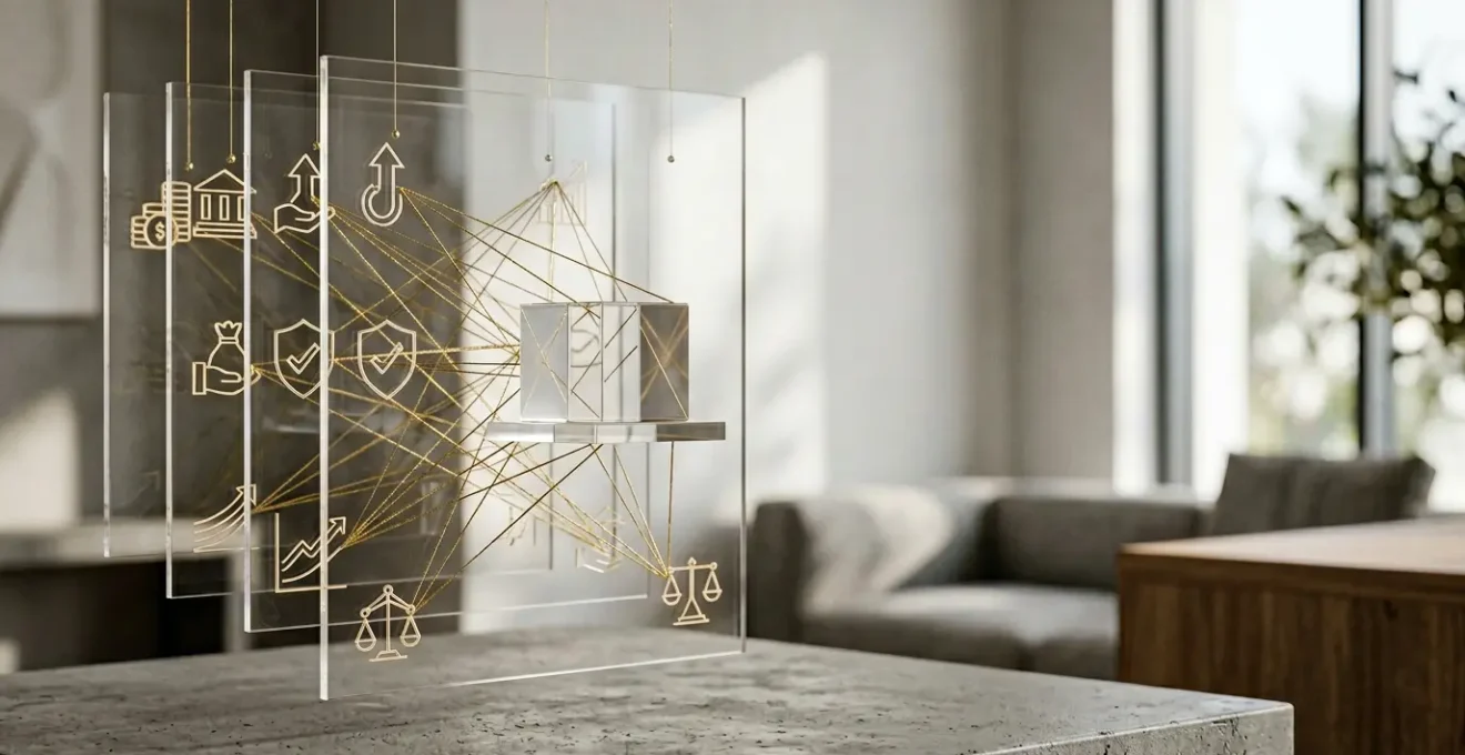 Composition symbolique représentant la construction d'un plan de financement solide avec des éléments métaphoriques de sécurité et de stratégie