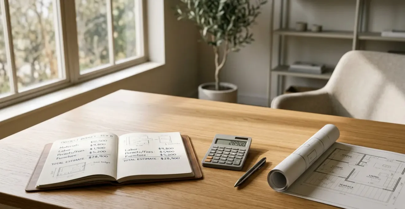 Planification budgetaire detaillee pour achat immobilier avec calculatrice et documents financiers