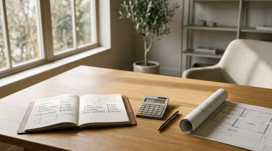 Planification budgetaire detaillee pour achat immobilier avec calculatrice et documents financiers
