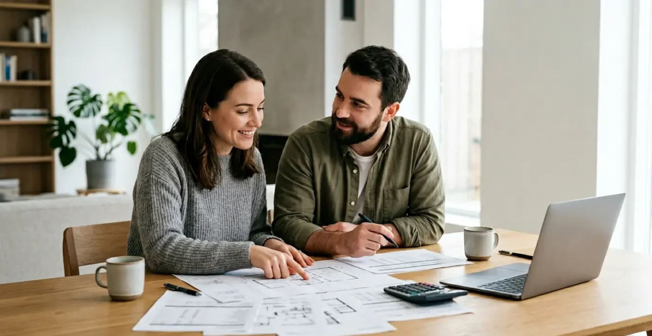 Couple souriant consultant des documents financiers pour optimiser leur capacité d'emprunt immobilier