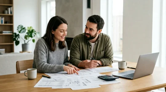 Couple souriant consultant des documents financiers pour optimiser leur capacité d'emprunt immobilier