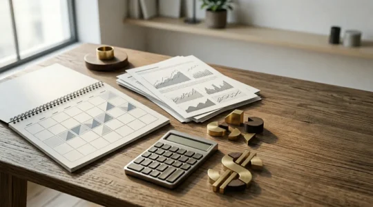 Concept de choix stratégique de franchise pour une assurance emprunteur avec calendrier et calculs financiers