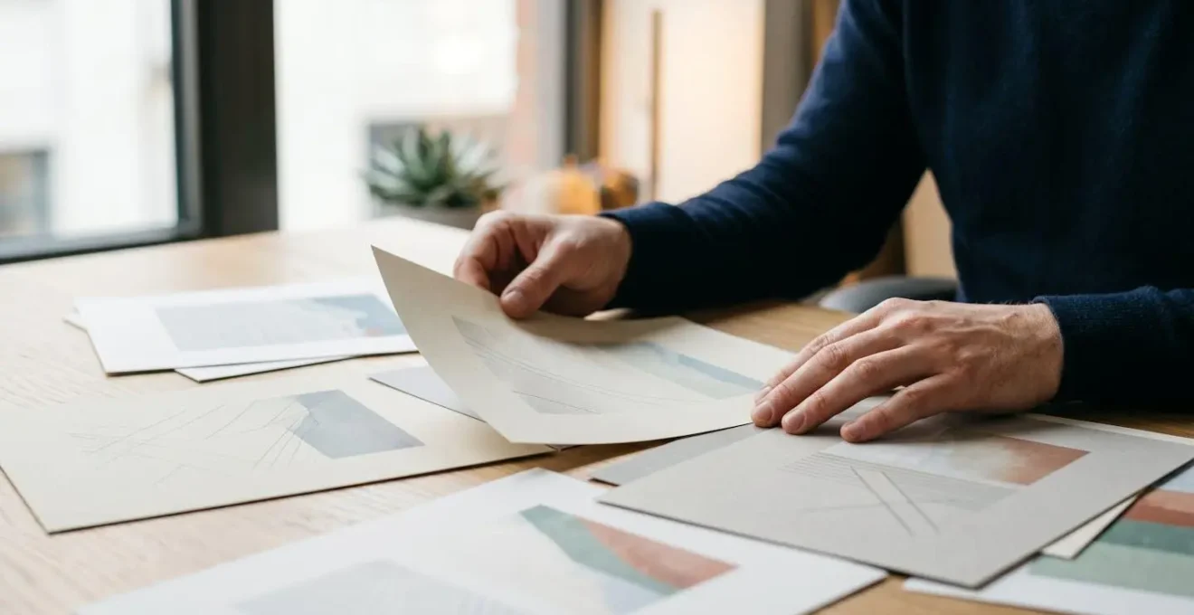 Personne analysant des documents d'assurance avec attention dans un environnement professionnel épuré