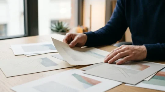 Personne analysant des documents d'assurance avec attention dans un environnement professionnel épuré