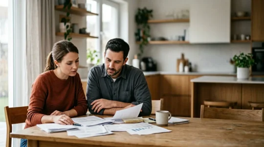Couple réfléchissant ensemble sur des documents financiers concernant leur assurance emprunteur