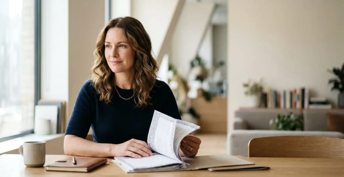 Professionnel autonome étudiant des documents financiers avec sérénité dans un espace lumineux