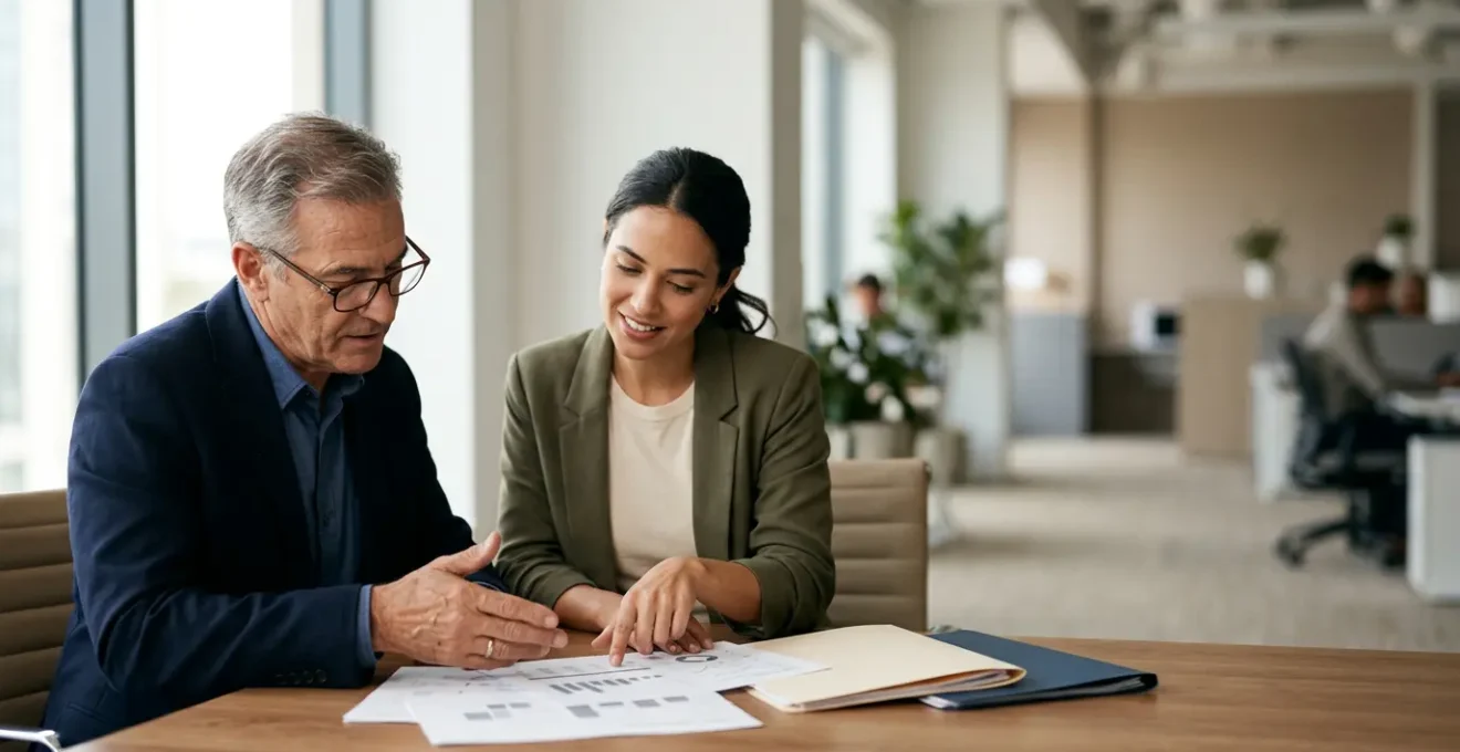 Professionnels discutant d'un dossier de financement immobilier dans un environnement lumineux