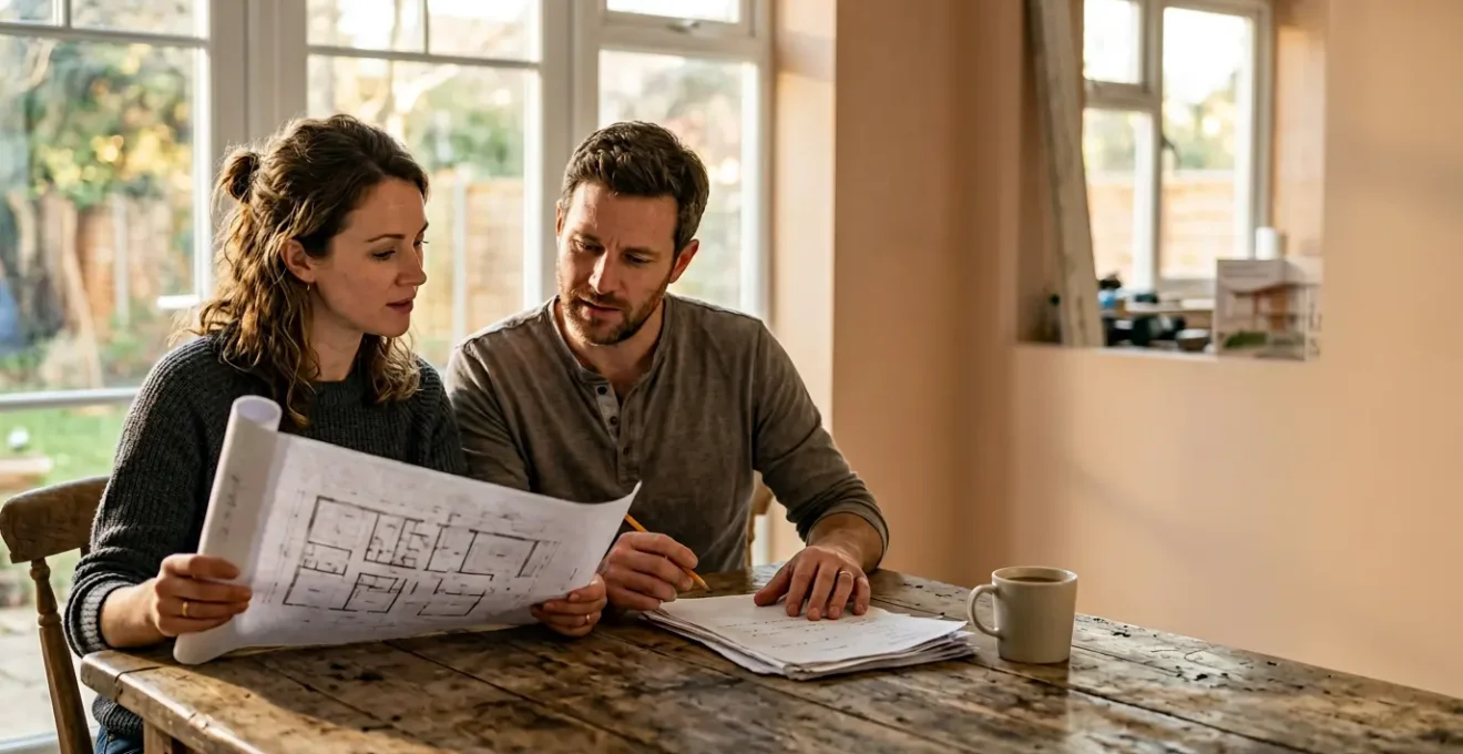 Couple réfléchissant au financement de travaux de rénovation énergétique dans leur maison