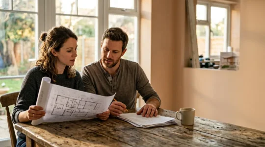 Couple réfléchissant au financement de travaux de rénovation énergétique dans leur maison