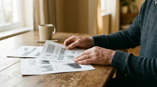Personne en arrêt maladie consultant des documents de protection sociale sur une table