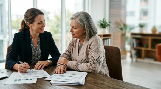 Consultation professionnelle entre conseiller et client autour de documents financiers