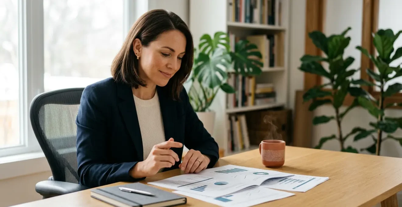 Professionnel indépendant dans un espace de travail lumineux, planifiant sa stratégie financière avec sérénité