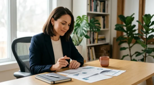 Professionnel indépendant dans un espace de travail lumineux, planifiant sa stratégie financière avec sérénité