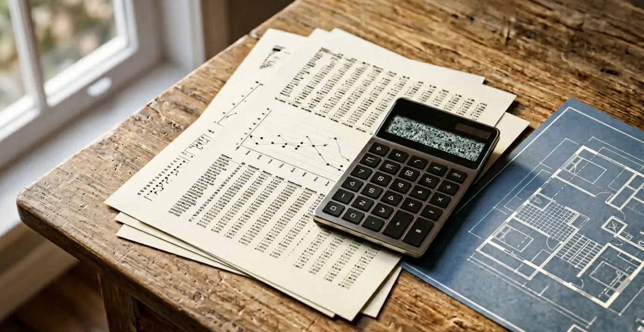 Analyse de données financières avec documents et calculatrice sur bureau en lumière naturelle