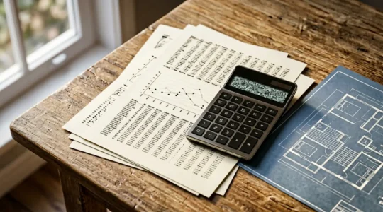 Analyse de données financières avec documents et calculatrice sur bureau en lumière naturelle
