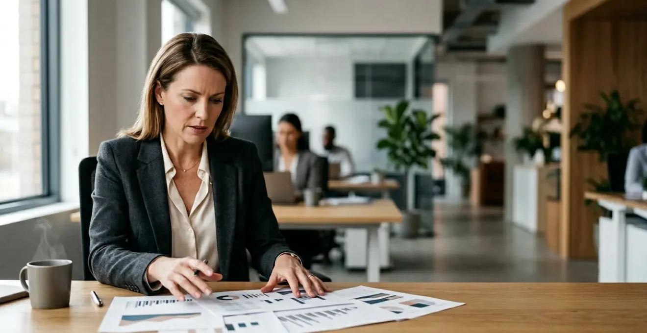 Dirigeant de PME analysant des indicateurs financiers dans un environnement professionnel moderne