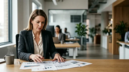 Dirigeant de PME analysant des indicateurs financiers dans un environnement professionnel moderne