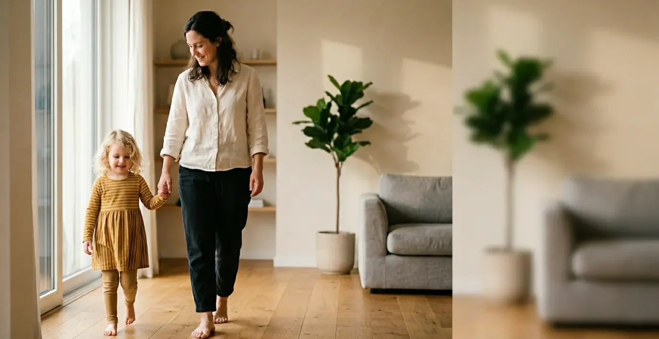 Scène familiale montrant la sécurité et la protection dans un environnement domestique moderne