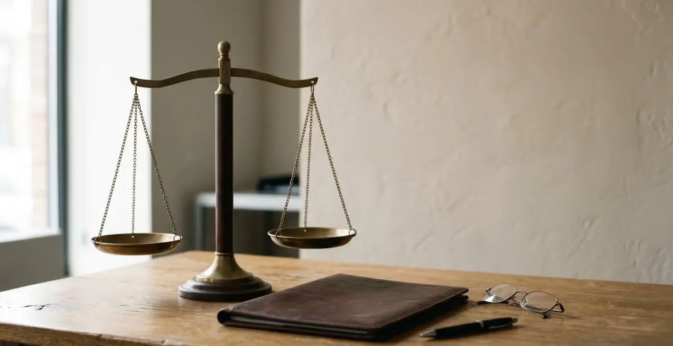 Scène symbolisant la résolution de conflit et la défense des droits dans un contexte juridique moderne