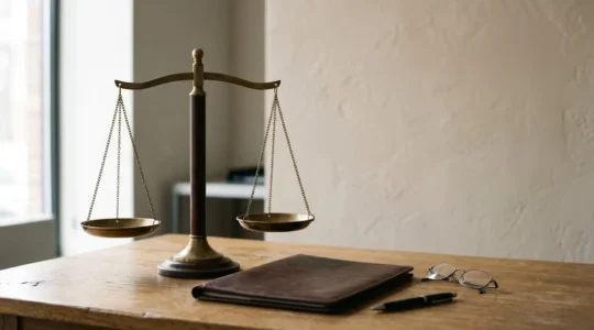 Scène symbolisant la résolution de conflit et la défense des droits dans un contexte juridique moderne