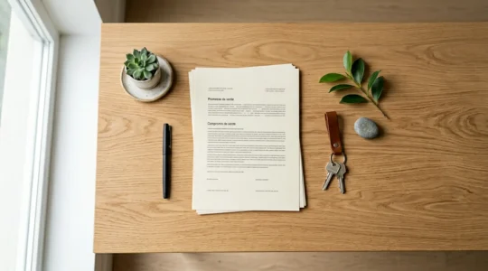 Documents d'achat immobilier et clés de propriété sur un bureau moderne