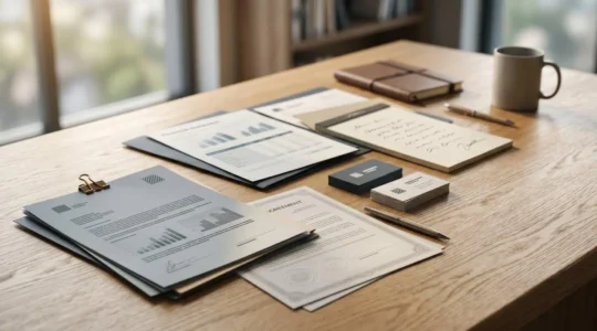 Professionnel analysant des documents contractuels et financiers dans un environnement de bureau moderne
