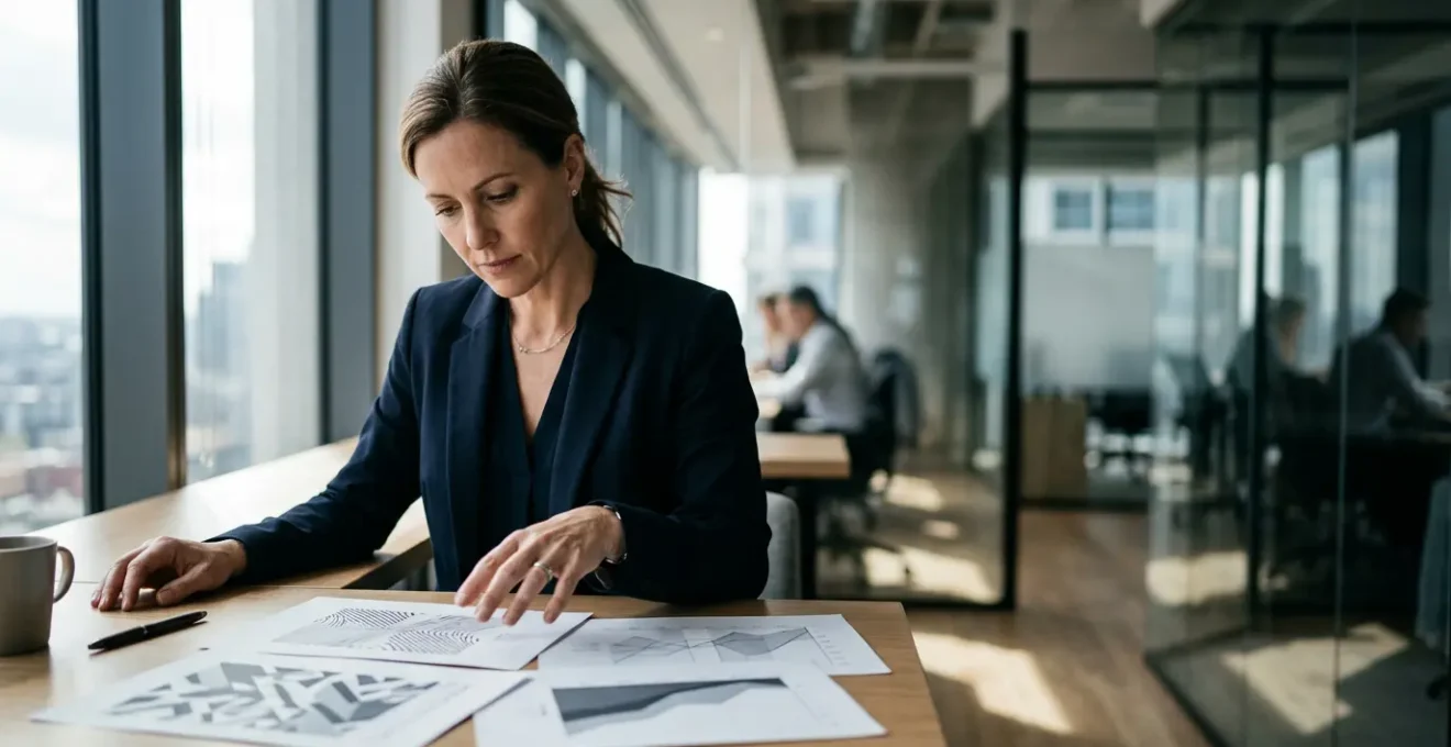 Professionnel analysant discrètement des données financières dans un environnement moderne et épuré