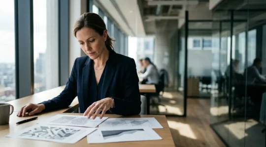 Professionnel analysant discrètement des données financières dans un environnement moderne et épuré