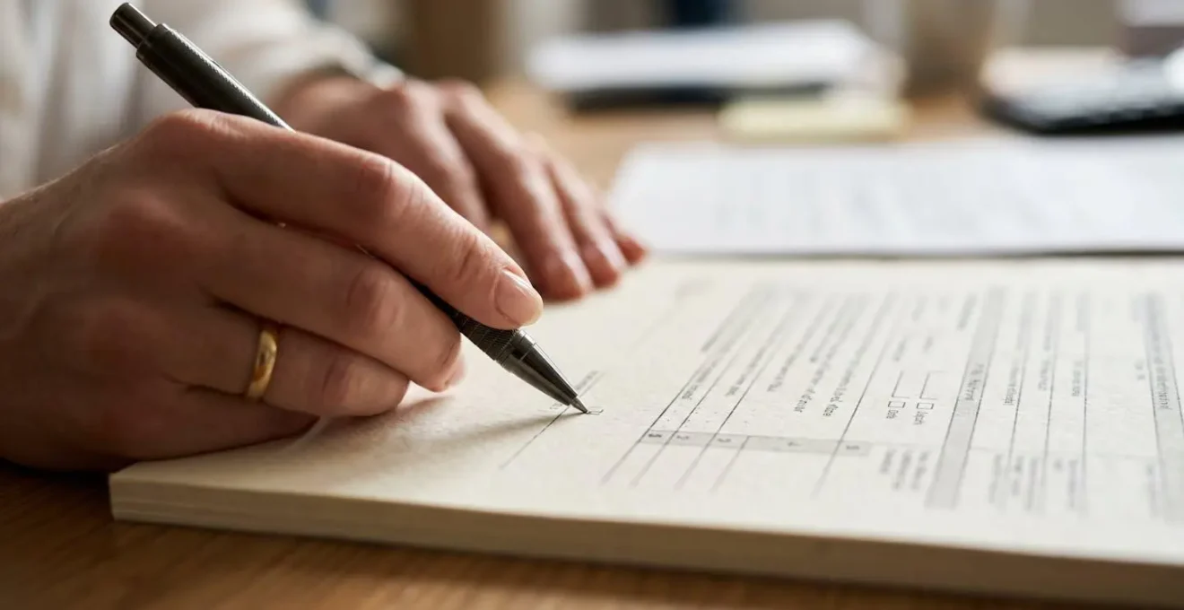 Gros plan sur des mains analysant un document officiel avec un stylo