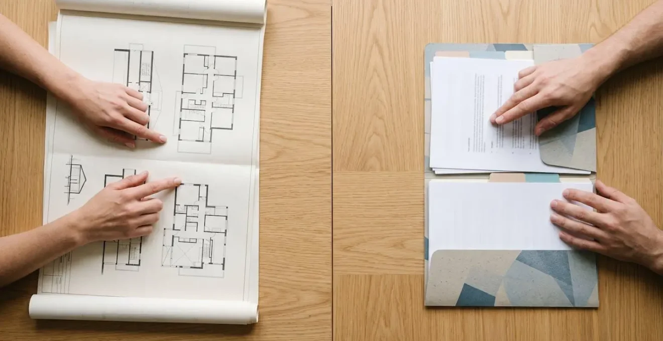 Documents juridiques et mains pointant vers des structures immobilières sur une table moderne