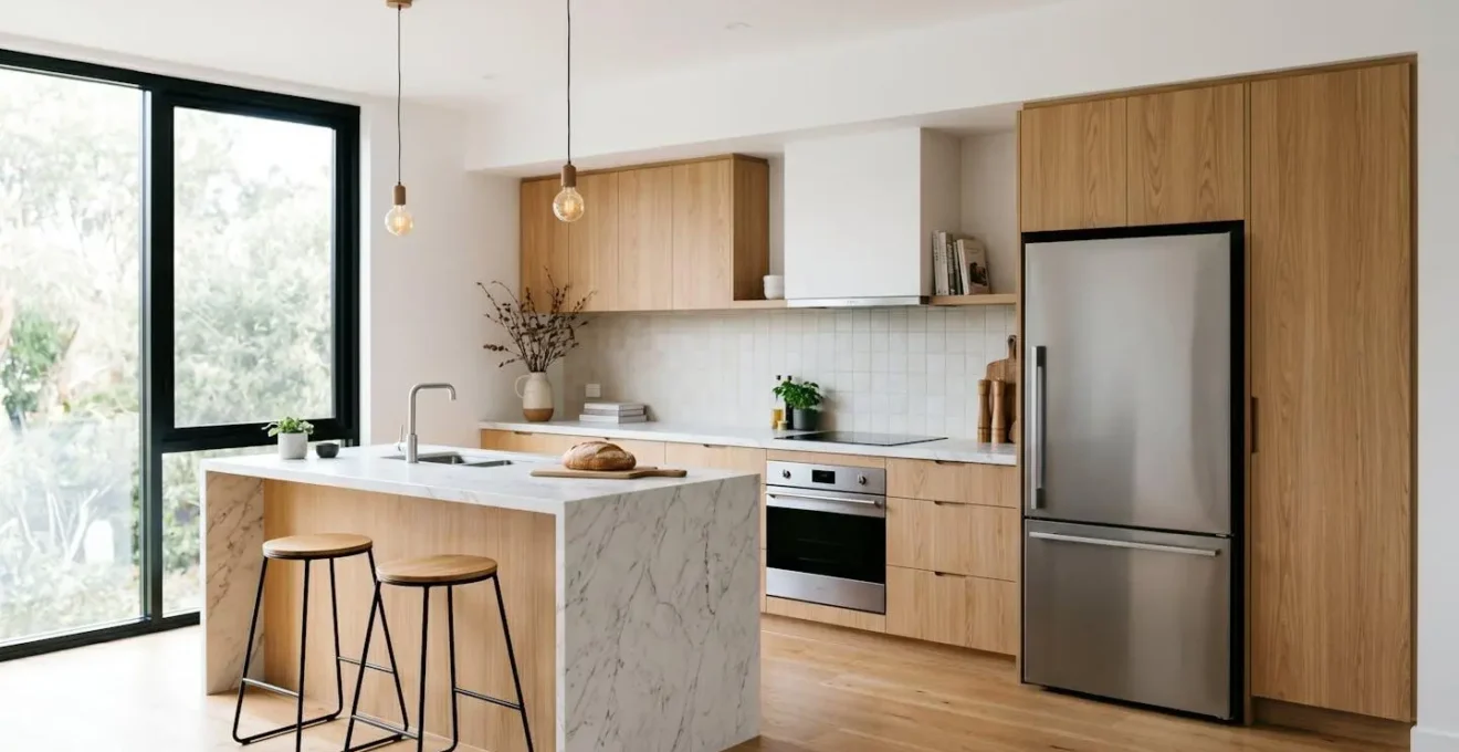 Cuisine moderne avec îlot central illustrant la frontière entre travaux immobiliers et équipements