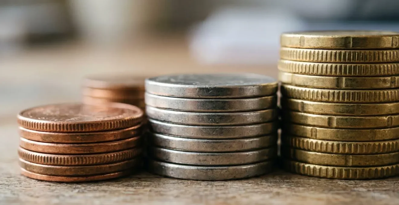 Vue macro sur des pièces de monnaie empilées en plusieurs colonnes de hauteurs différentes symbolisant la stratégie de cumul de prêts aidés