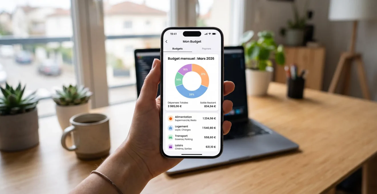 Interface application bancaire mobile affichant graphique circulaire de catégorisation automatique des dépenses mensuelles par poste budgétaire en français avec montants en euros