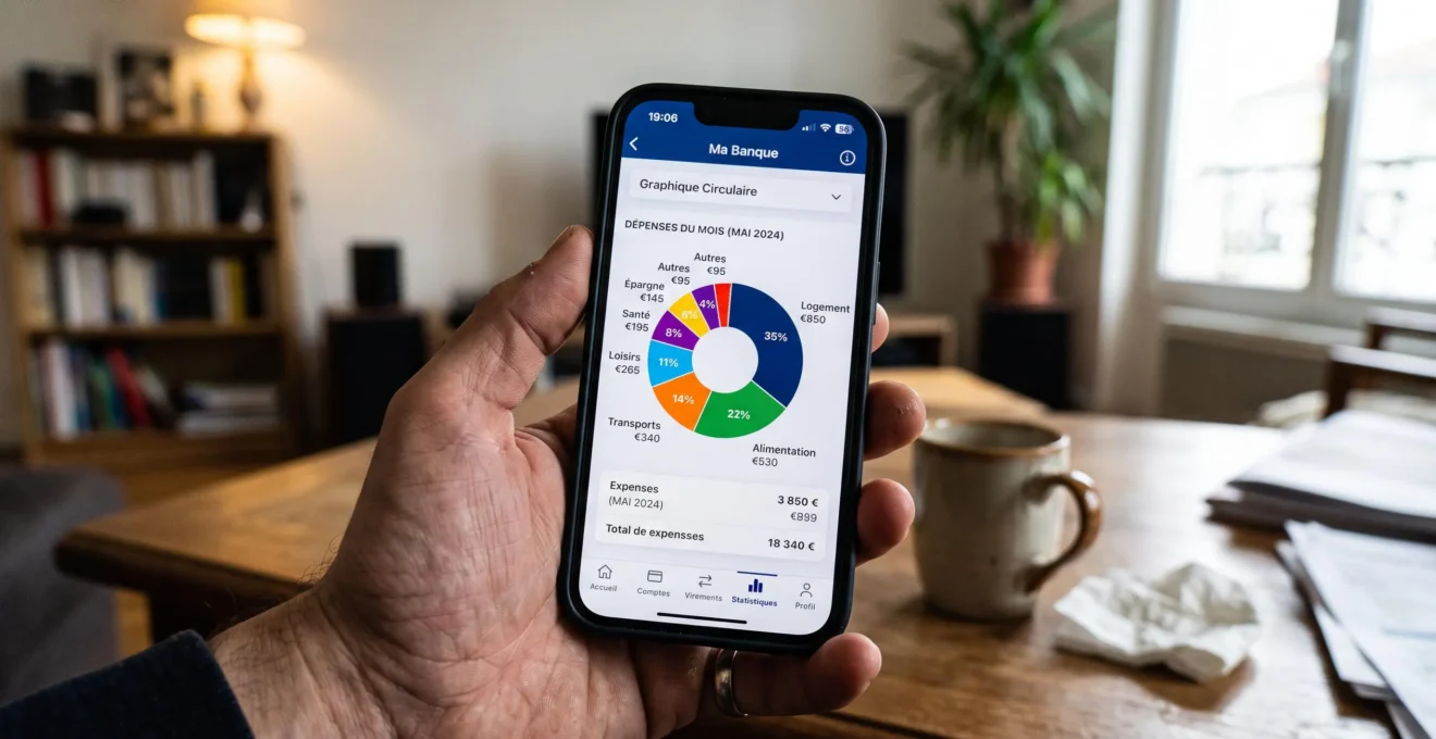 Interface application bancaire mobile affichant graphique circulaire de catégorisation automatique des dépenses mensuelles par poste budgétaire en français avec montants en euros