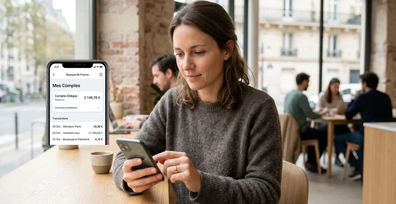 Personne consultant son application bancaire mobile sur smartphone dans un café lumineux, écran affichant solde de compte et transactions récentes en français