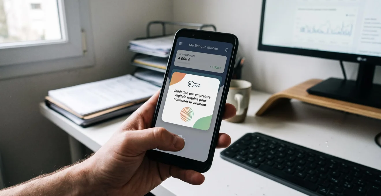 Personne consultant son application bancaire mobile sur smartphone dans un café lumineux, écran affichant solde de compte et transactions récentes en français
