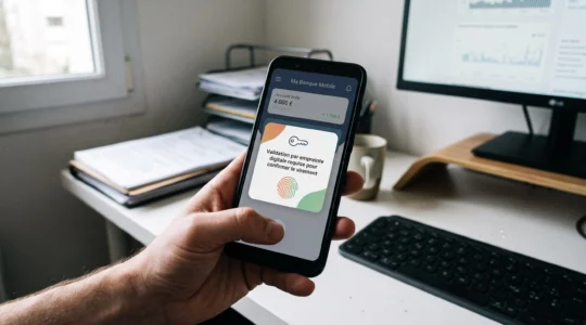 Personne consultant son application bancaire mobile sur smartphone dans un café lumineux, écran affichant solde de compte et transactions récentes en français