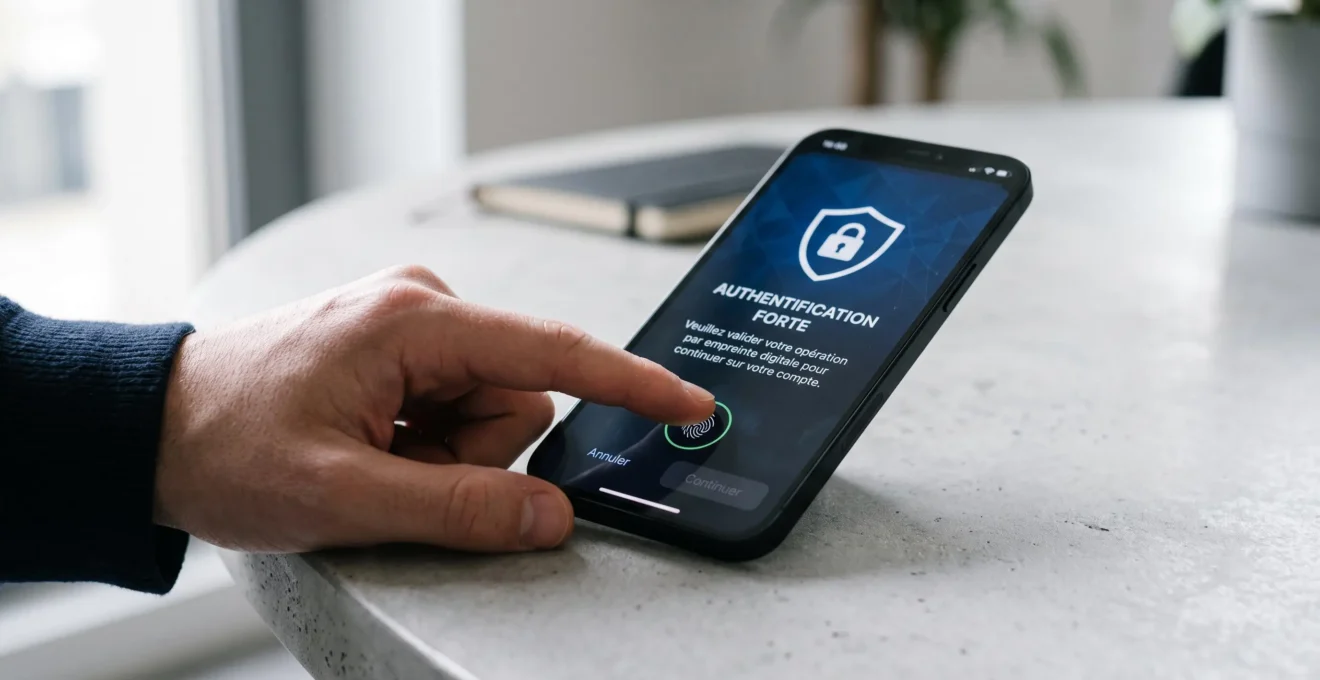 Smartphone affichant notification authentification forte bancaire en français avec doigt positionné sur capteur biométrique pour validation sécurisée