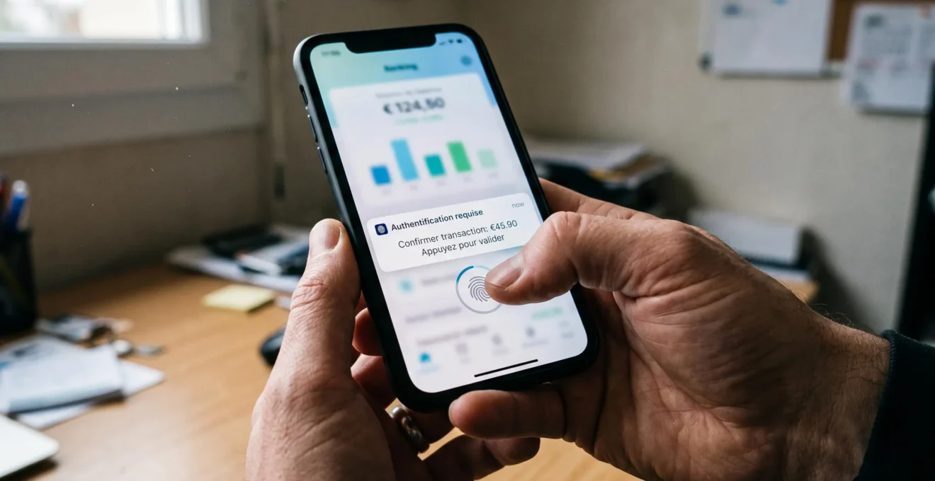 Smartphone affichant notification authentification forte bancaire en français avec doigt positionné sur capteur biométrique pour validation sécurisée