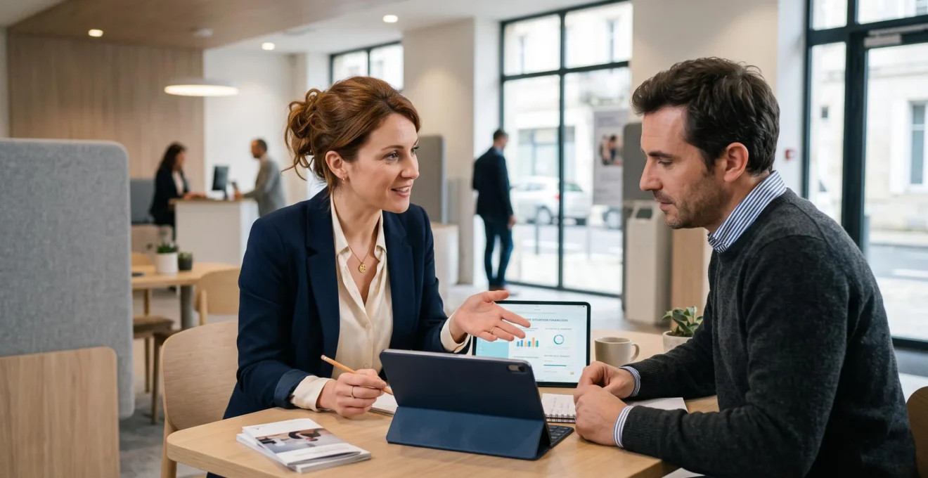 Une conseillère bancaire et un client discutent des options bancaires en consultant une tablette dans une agence moderne