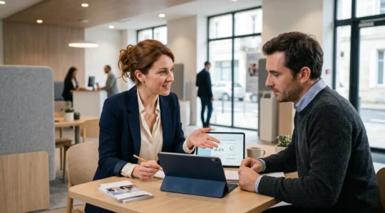 Une conseillère bancaire et un client discutent des options bancaires en consultant une tablette dans une agence moderne