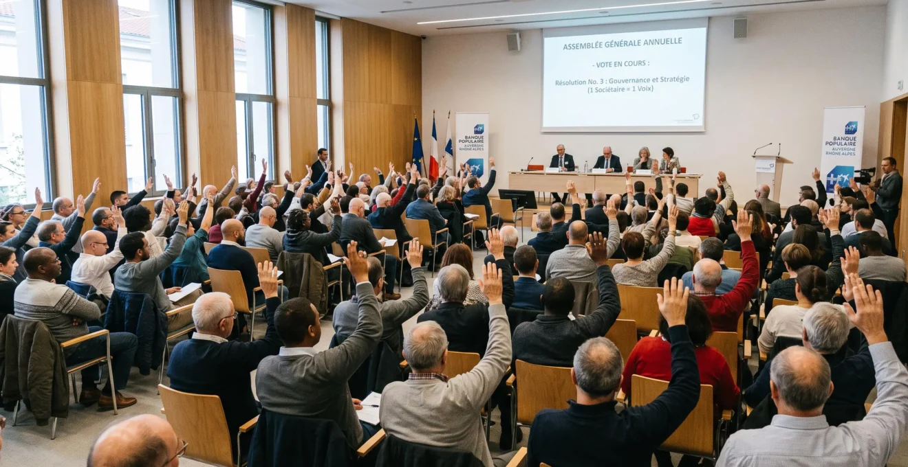 Assemblée générale de sociétaires d'une banque coopérative votant à main levée lors d'une séance de gouvernance démocratique
