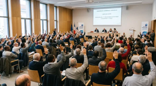 Assemblée générale de sociétaires d'une banque coopérative votant à main levée lors d'une séance de gouvernance démocratique
