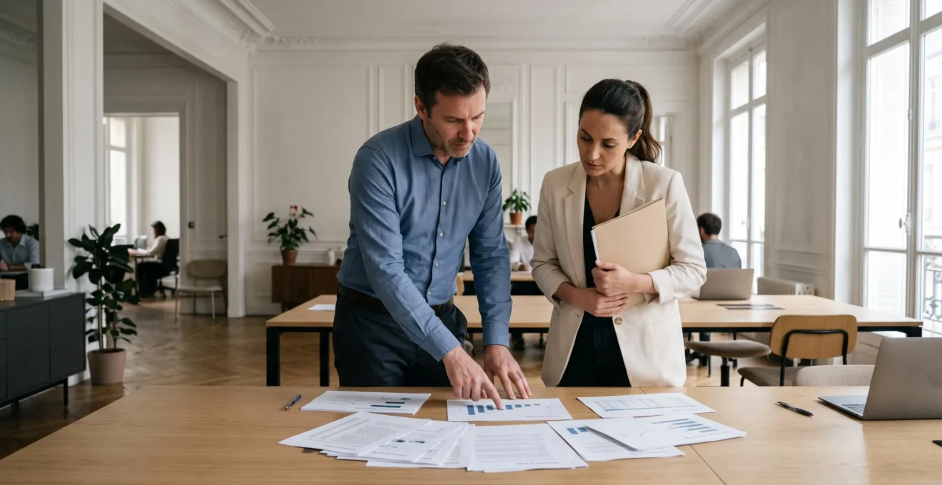 Un conseiller et une entrepreneuse examinent ensemble les pages d'un business plan étalées sur une table.