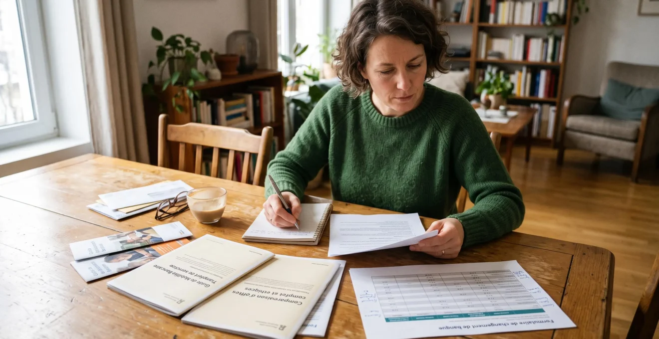 Personne à domicile consultant et comparant des documents de mobilité bancaire pour changer de banque, prenant des notes