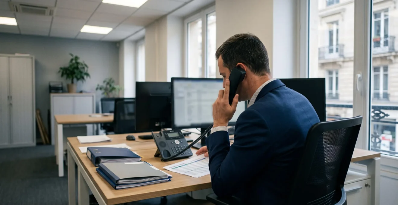 Un courtier en financement, vu de dos, compare des offres bancaires au téléphone dans son bureau.