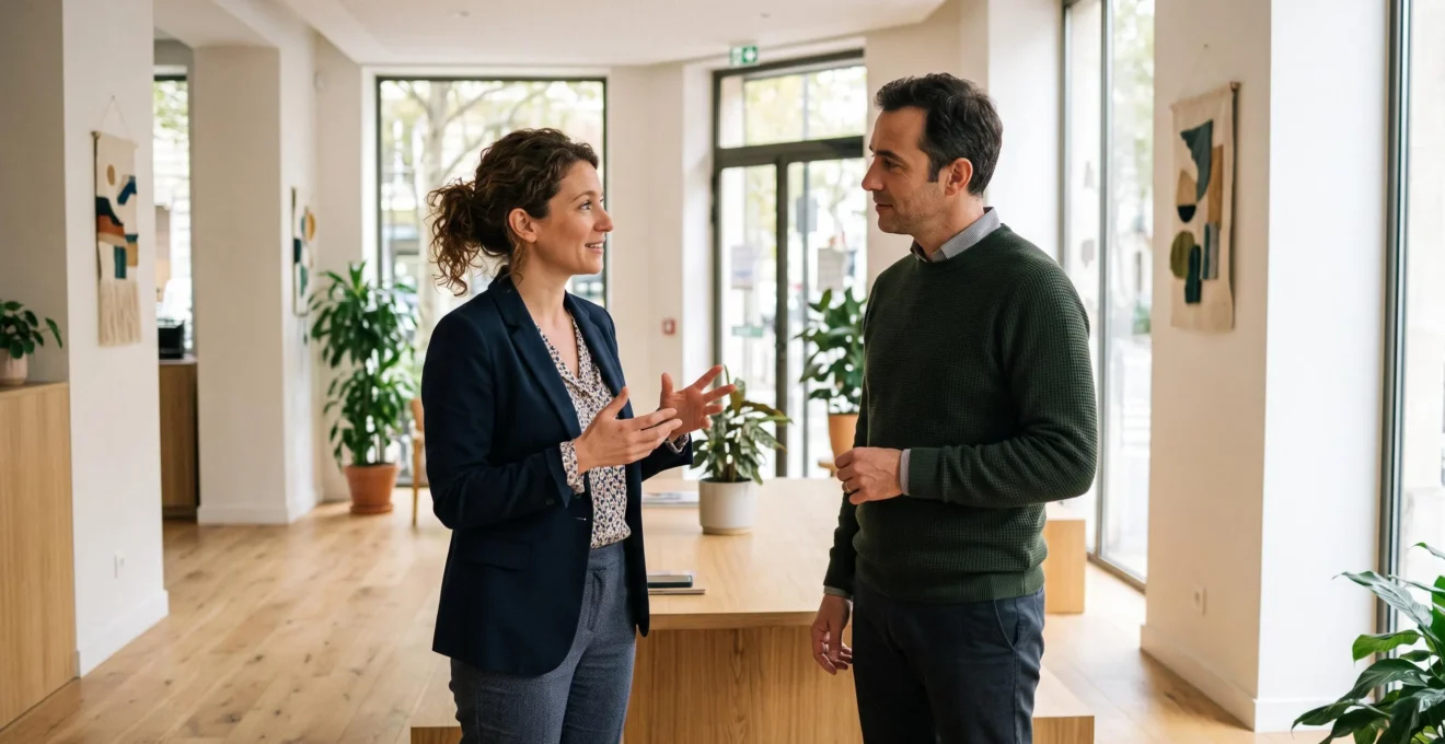 Conseiller et client en discussion debout dans l'espace accueil d'une agence de banque coopérative à l'architecture moderne et chaleureuse