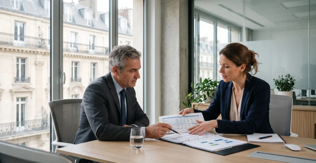 Une entrepreneuse présente son dossier de financement à une conseillère bancaire dans un bureau parisien.